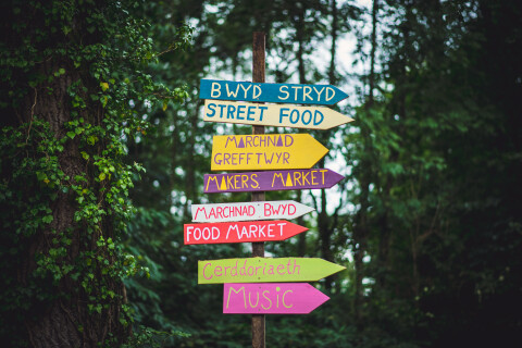 Colourful festival signpost pointing towards areas such as Street Food, Music and Makers' Market